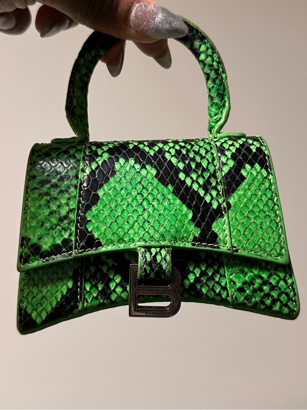 Balenciaga Neon Green Python-Print Mini Top Handle Bag